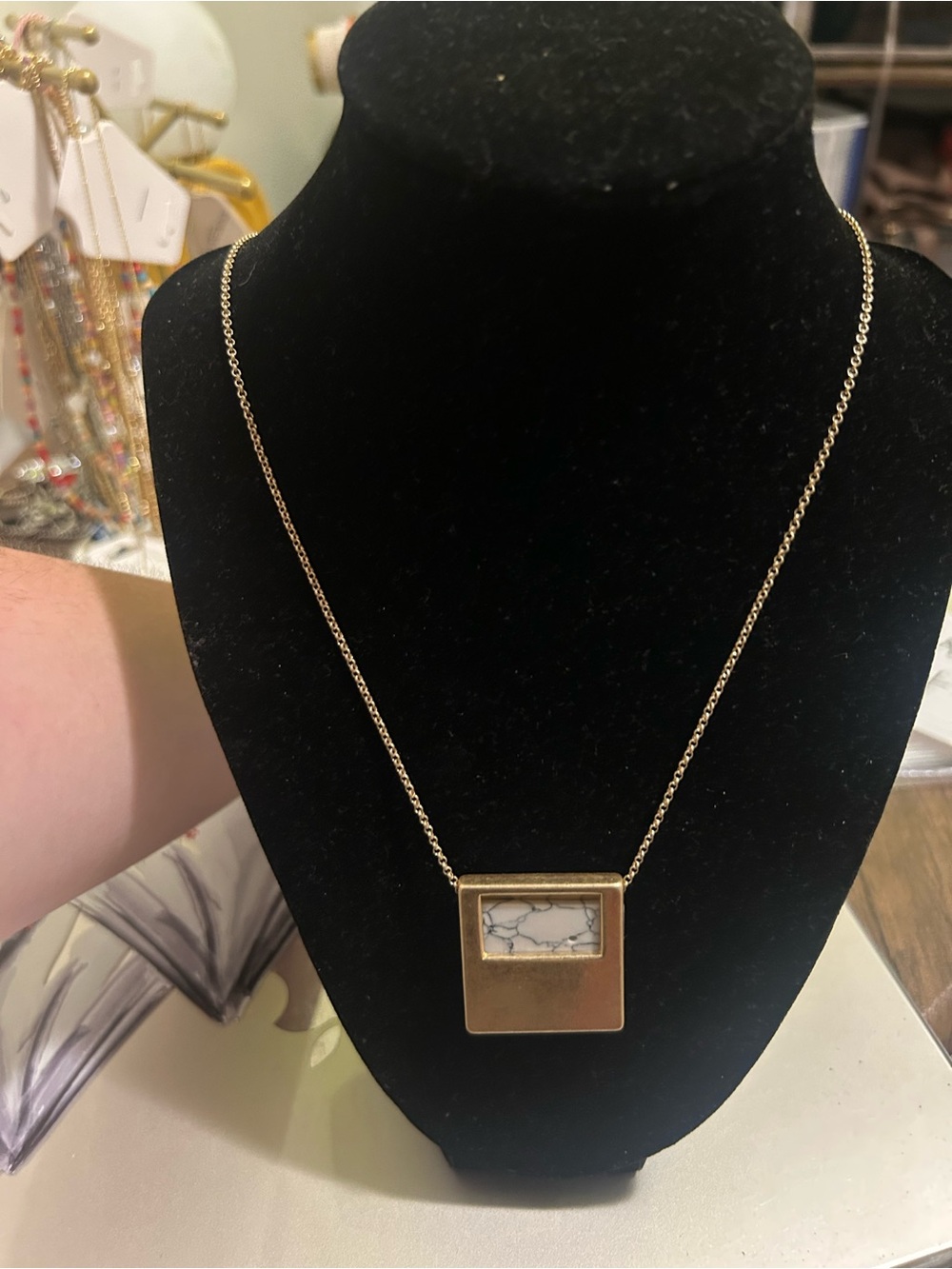 Gold-Tone Necklace with White Marbled Inlay